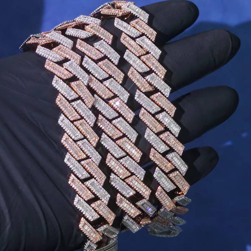 NUOYA 925 Sterling Silver Iced Prong Cuban Chain Necklace Hip Hop Bling Baguette Moissanite Diamond Cuban Chain Womens Jewelry