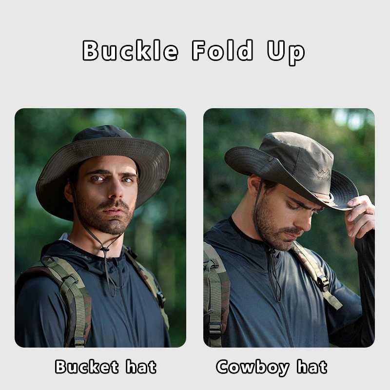 Men Bucket Hat Letter Embroidery Leather Label Cowboy Hat Waterproof Outdoor Hiking Fishing Cap Light 8cm Brim Anti-UV Sun HatC250411