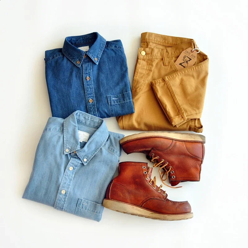 SauceZhan Chambray mens shirt long sleeved denim cotton casual wash dress jeans ultrathin 250411e