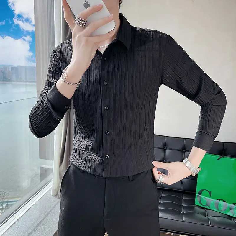 Streetwear Fashion Korean Clothing Solid Shirts Spring Autumn Men Long Sleeve Striped Lapel Single Sockets Business Casual Tops K251110