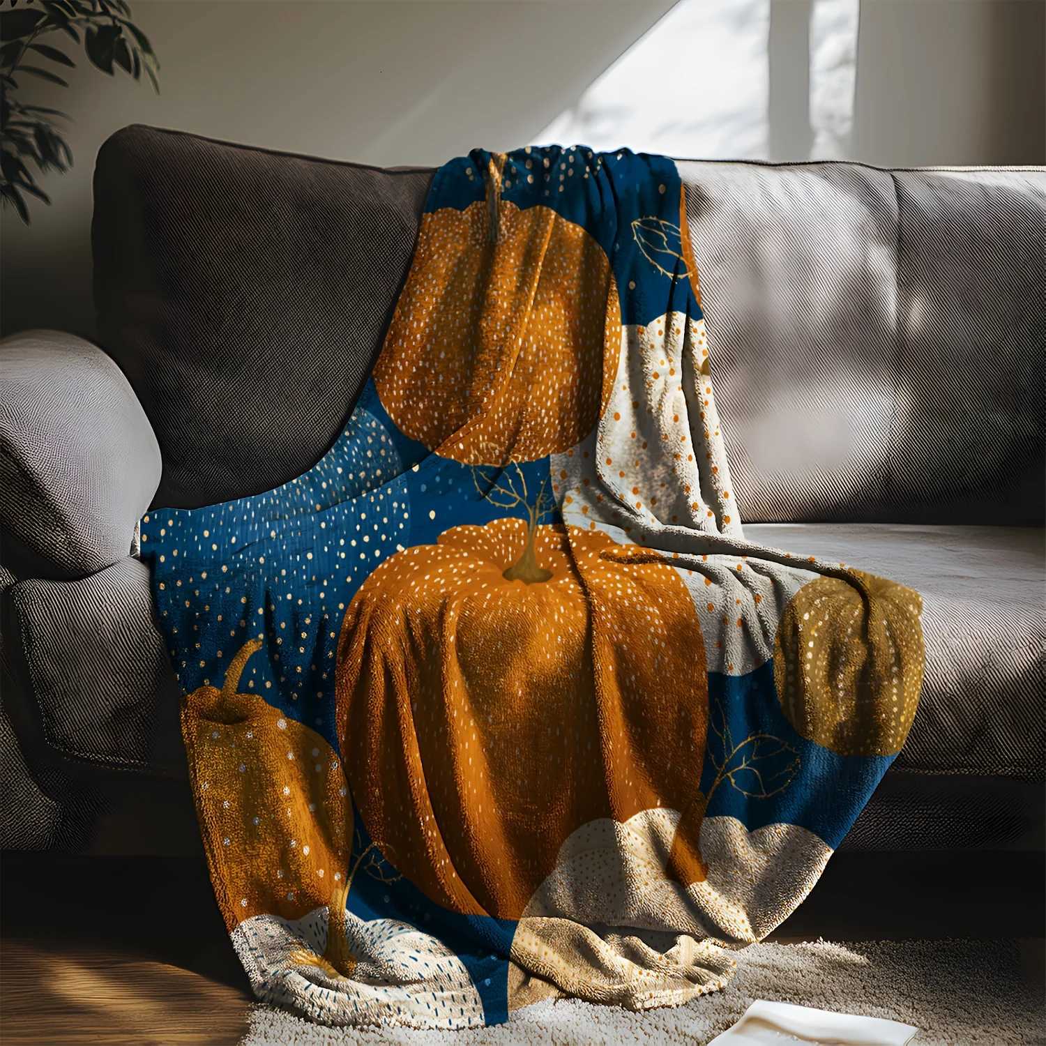 1pc Flannel Blanket with Multicolor Pumpkin Print - Soft Warm Cozy All-Season Throw for Couch Bed Travel Camping Autumn Fall De C251111