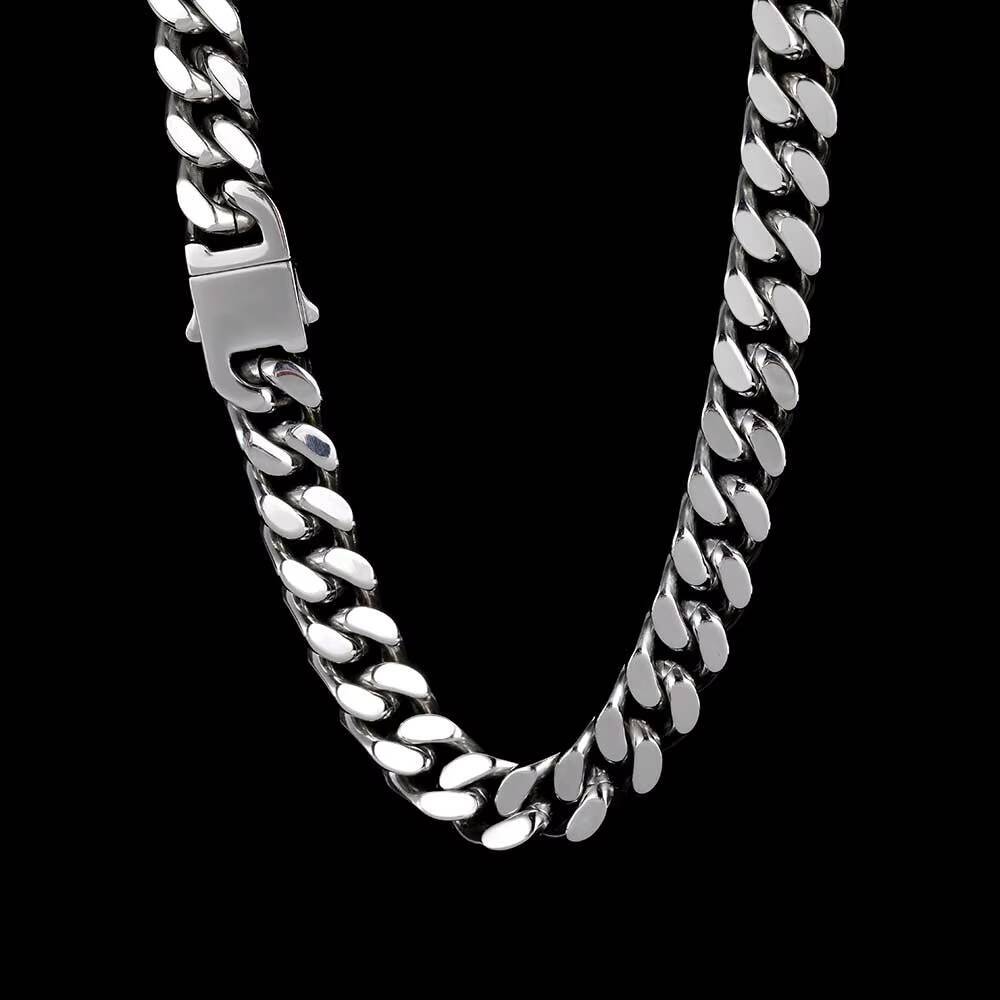 Hip Hop High Polished Stainless Steel Four Sided Grinding Cuban Chain Titanium Steel Spring Clasp Necklaces Fine Jewelry