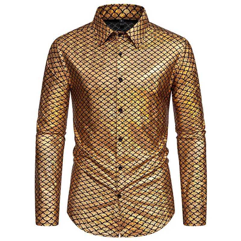 2024 New Glossy Fish Scales Green Mens Sequin Shirt Gold Bronzing Steampunk Nightclub Stage Party Dress Long Sleeve Top Men K251110