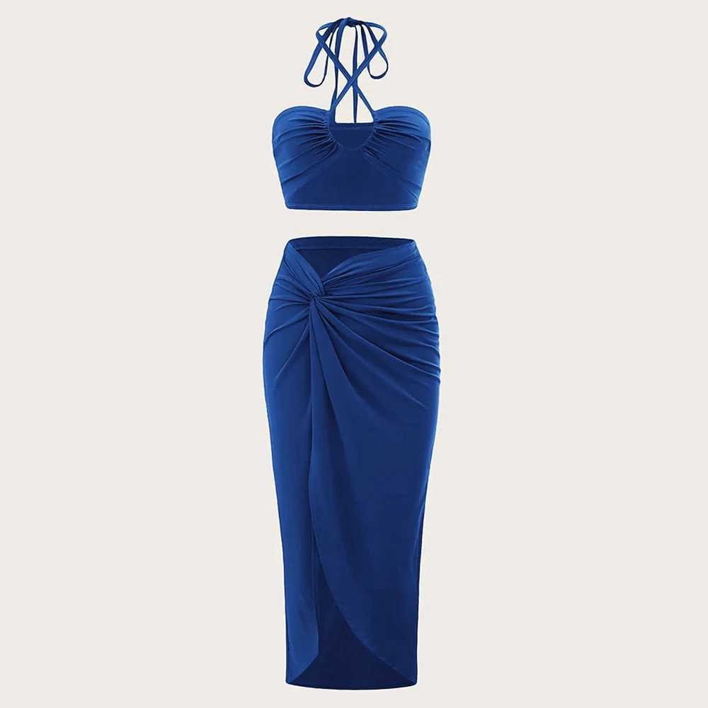 Mia Muse summer slim fit foldable lace upper and lower shoulder straps pendant neck cut high waisted long skirt casual setW250411