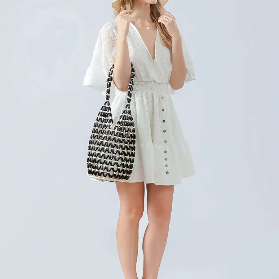 Women Woven Hand Summer Design Hollow-Out Wooden Bead Tote Bucket Shoulder Bag Female Reticulate Netted Canvas Beach Handbag