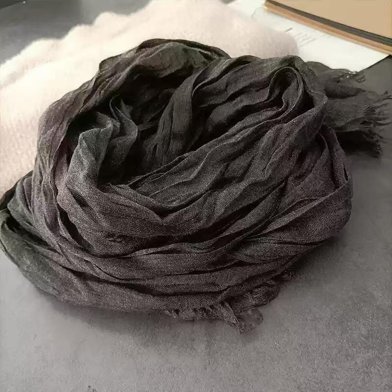 T457 Japanese cotton and linen all-match pleated sunscreen solid color scarf silk scarf retro casual literary shawl thin neck scarf