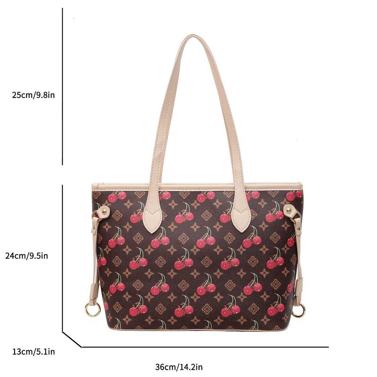 Women Fashion Shoulder Tote Bag Cherry Floral Print Solid Color Large Capacity PU Water Resistant Zipper Comfort Strap CommuteT251110