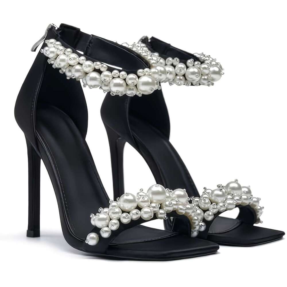 Women's Pearl Stiletto Sandals - Square Open Toe Design, Back Ankle Zipper, White Satin