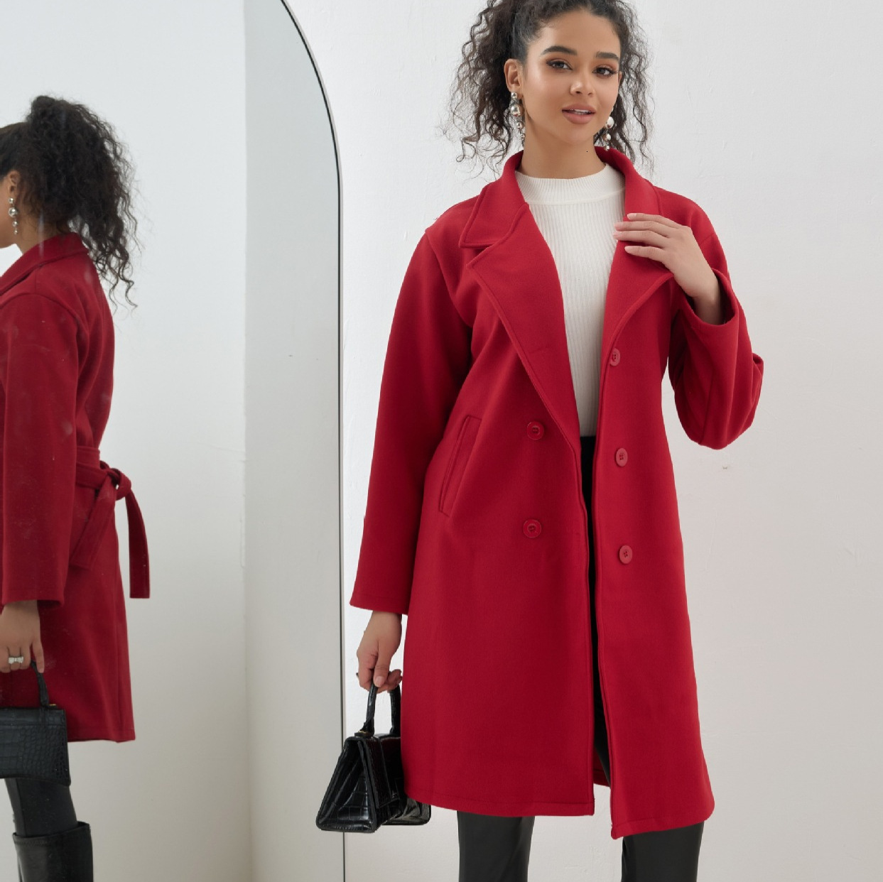 Autumn and winter new women's long lace up woolen solid color simple slim fit coat