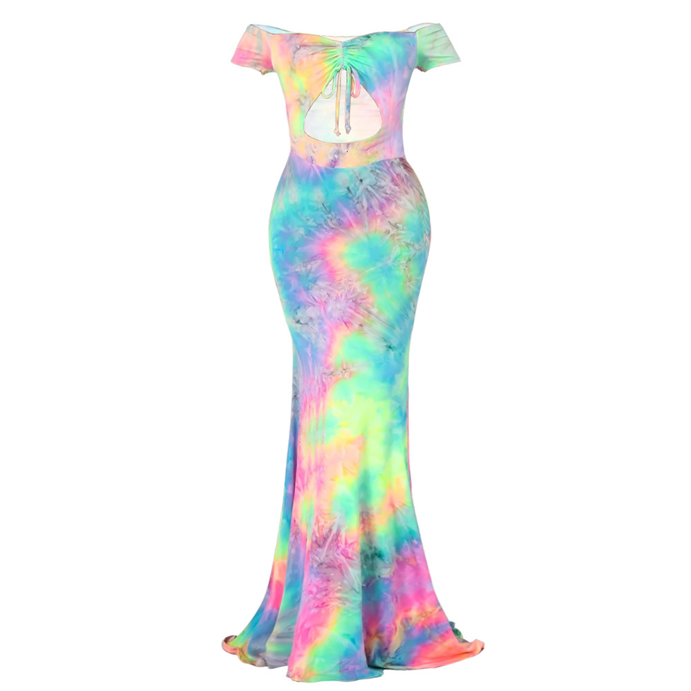 5530 Sexy Off Shoulder Open Navel Tie Dye Dress