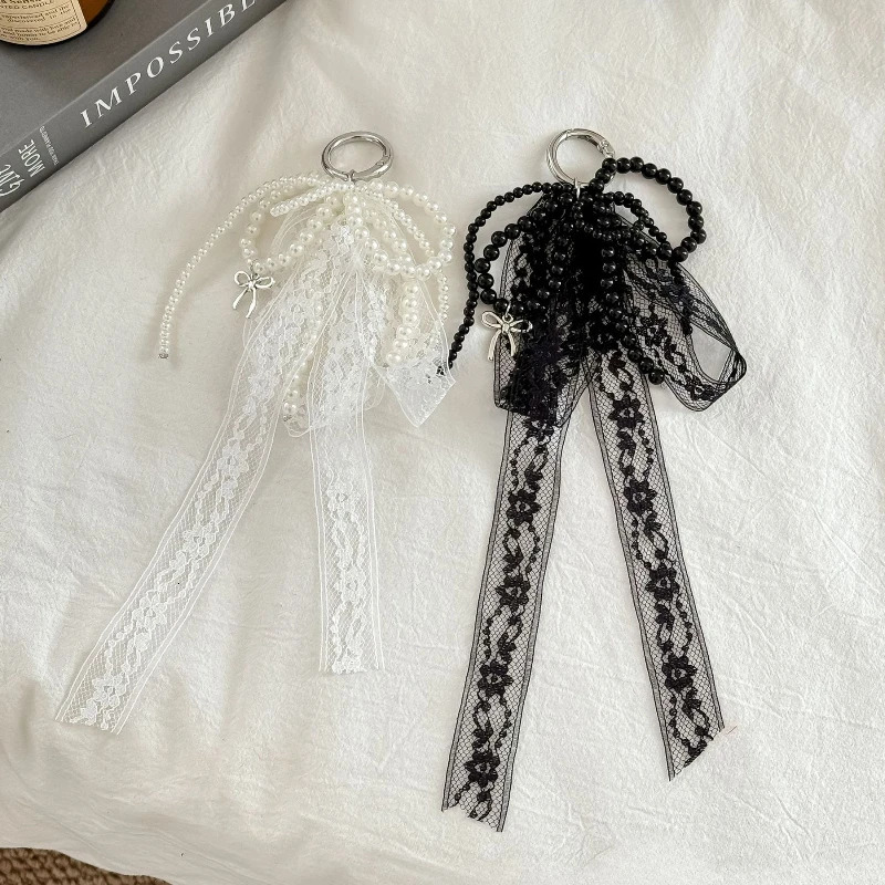 Imitation Pearls Lace Bowknot Keychain Sweet Beaded Pendant Keyring for Women Handbag and Backpack Key Chain Exquisite Ornament 251110