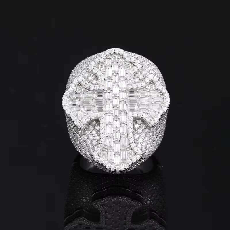 New Arrivals Micro VVS Baguette Moissanite Ring 925 Sterling Silver Hip Hop Rappers Cross Jewelry Bling Cross Ring for Man