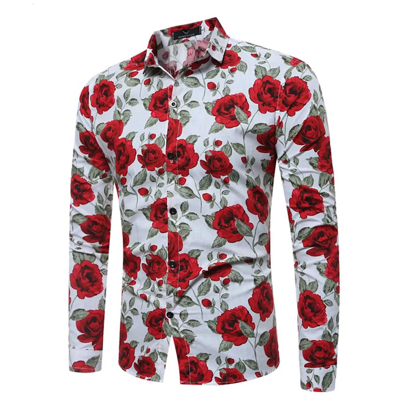 Mens long-sleeved shirt casual fashion 3d rose print shirt mens lapel shirt long-sleeved New Year gift K251110