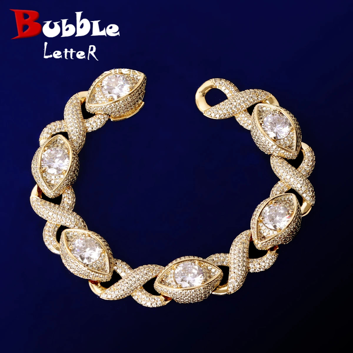 Bubble Letter Iced Out Shape 8 Eye Cuban Link Bracelet for Men Prong Setting Hip Hop Jewelry 250408