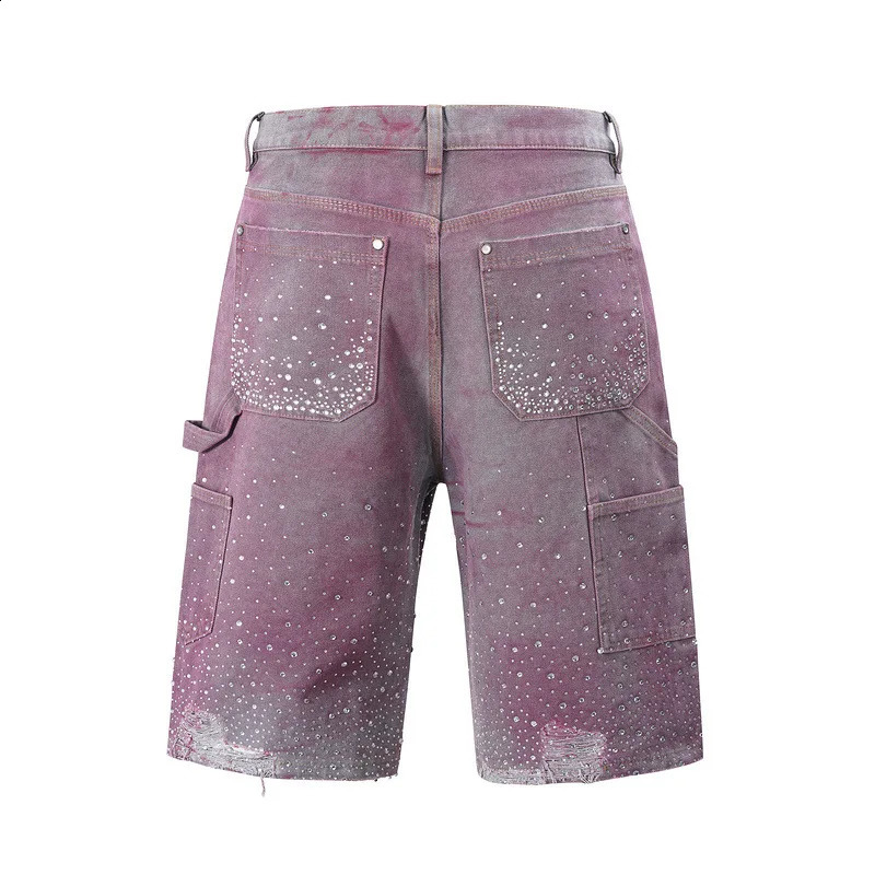 MAQVOB Top Quality European And American High Street Diamond Rhinestone Jean Pants Ink Dyed Gradient Denim Shorts 250410