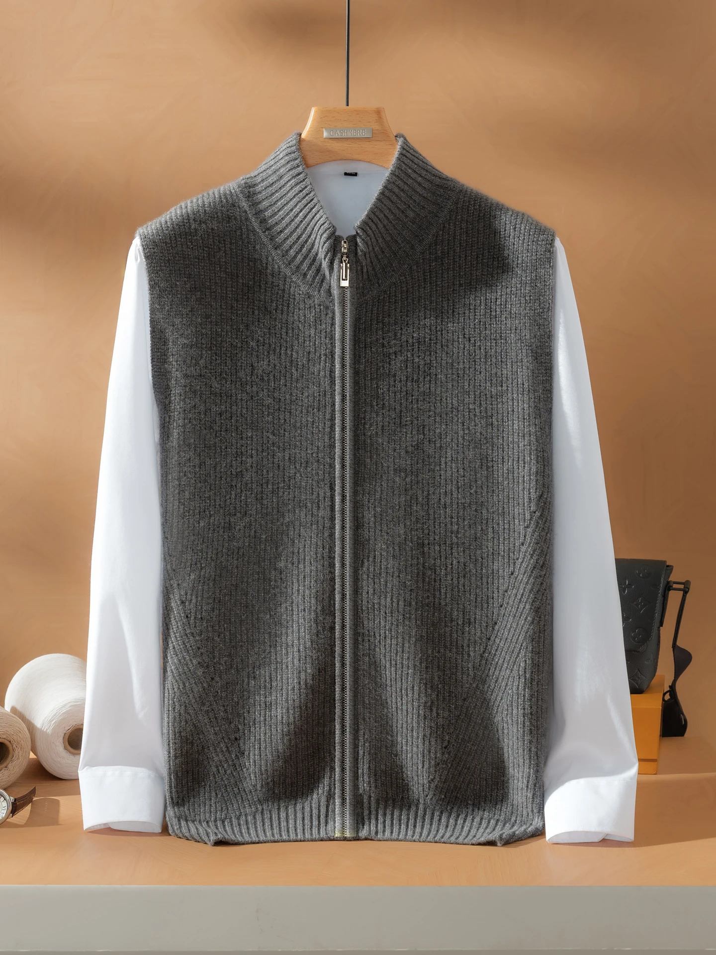 100 Cashmere Cardigan Vest Sweater Autumn Winter Men Mock Neck Zipper Sleeveless Soild Smart Casual Knitted Waistcoat Highend 251104