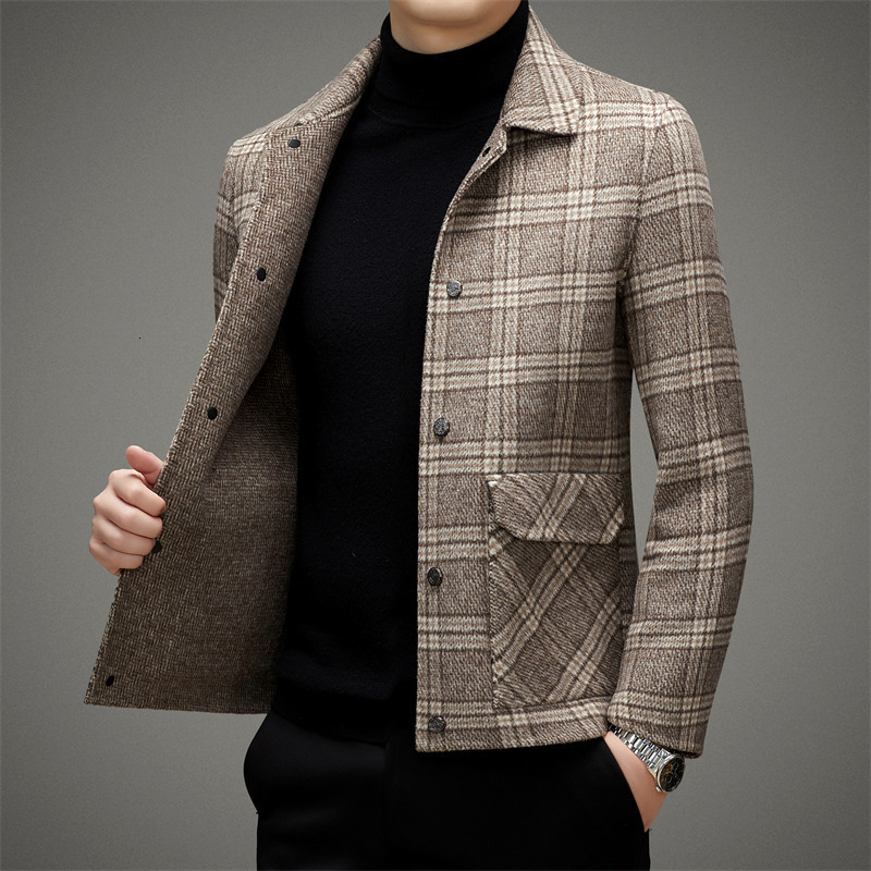 Loose Fit Men's Wool Fashion Plaid Double-Sided Short Jacket Plaid Autumn Winter New Turn-Down Collar Men's Trendy Coat Autumn Thickened Woo