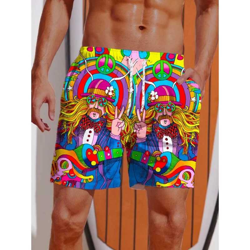 Retro geometric swimming rod mens shark tree 3D printed beach shorts summer casual quick drying sports loose surfing shortsW250410