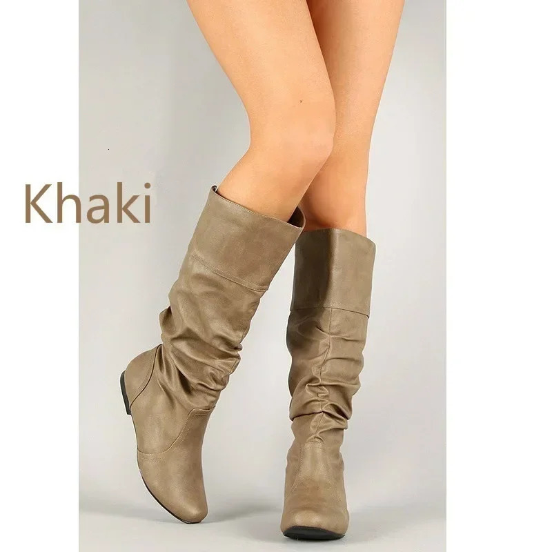 Women Leather Boots Fashion Pleated Wedge Long Boots Round Toe Autumn Winter Solid Slip On Shoes Ladies High Boot Botas De Mujer 251110