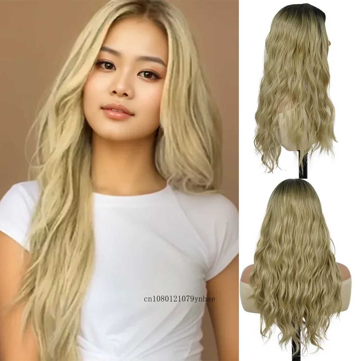 Synthetic Hair Ombre Blonde Long Curly Wave Wigs for Women Girls Middle Part Dark Root Wig Daily Costume Party Heat ResistantT251111