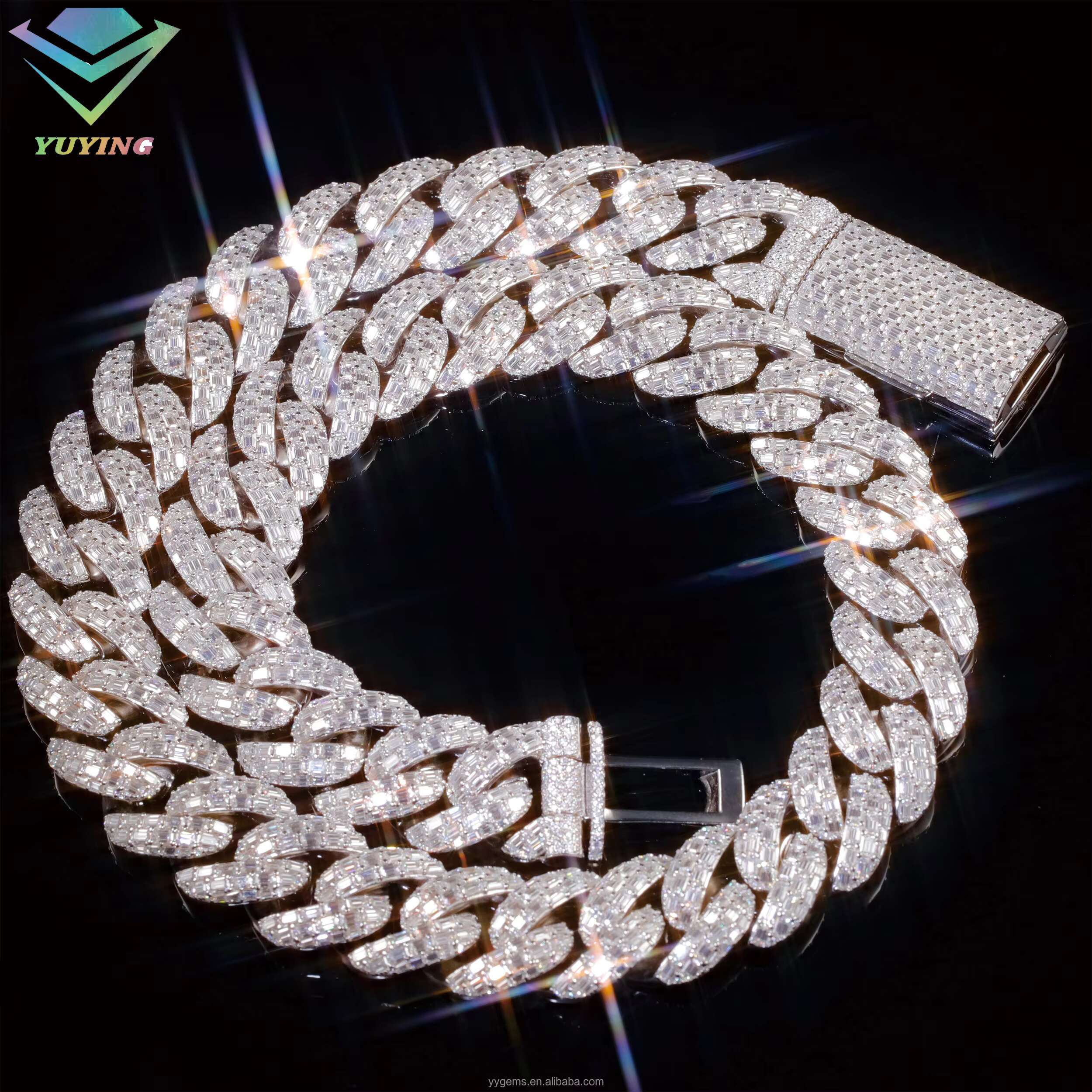 Yu Ying 20mm Baguettes VVS Moissanite Dia Solid Sier Necklace Cuban k Chain for Hiphop Jewelry