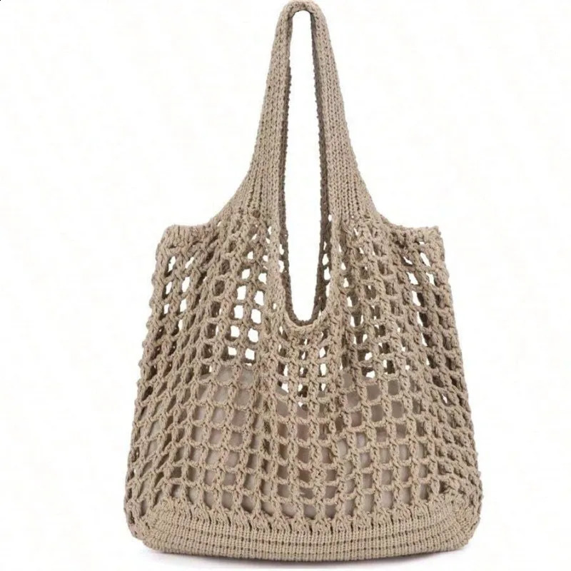 Womens crochet handbag hollow beach bag large capacity fashionable knitted solid color casual shopping 250401
