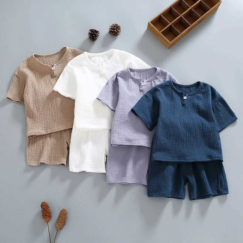 Summer Clothing Sets Organic Double Gauze Cotton Home Wear Kids Clothes Summer Kids Pajama Short Sleeve Shorts Suit WhiteXJ250410