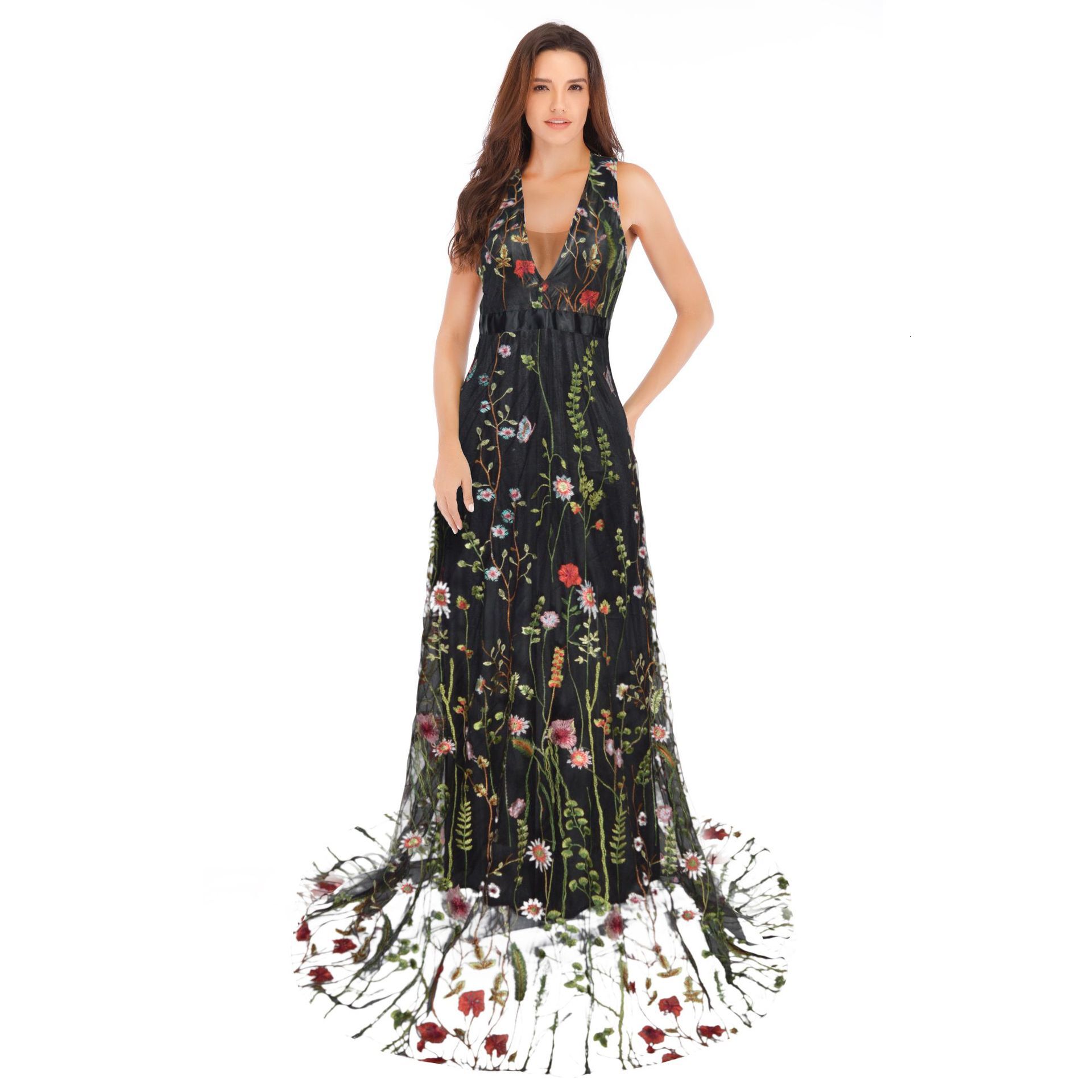 Sexy Deep V Sleeveless Embroidered Slim Fit Open Back Ball Long Dress