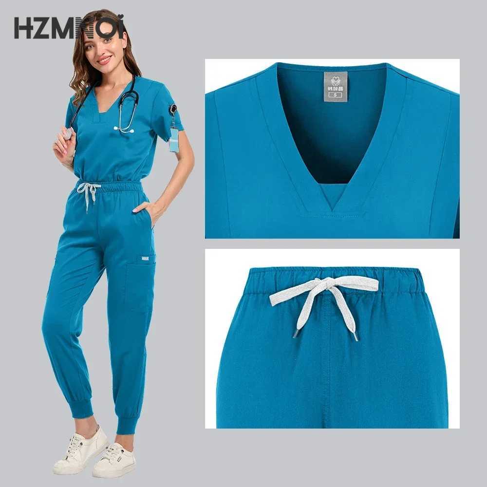 HZMNOI High-quty Nursing Scrubs Uniform Suit Short Slve V-neck Tops+Pants Sets Women Multicolor Pet Medical Workwear Nurse X250410