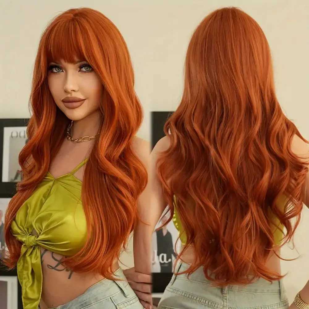 Womens Synthetic Wig with Orange Bangs Large Waves Long Curls Natural Style Daily Wear Halloween Cosplay Full HeadpieceT251111