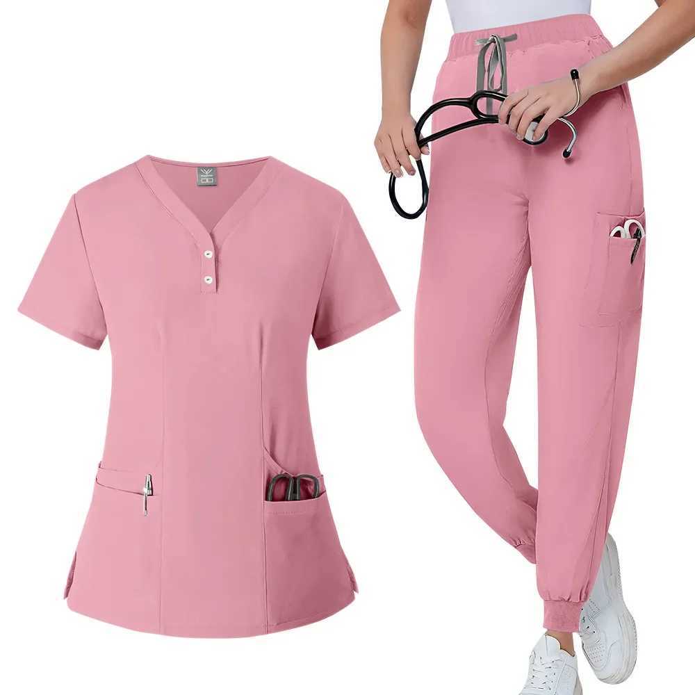 Womens medical frosted pants mid waist elastic wrinkles slim fit waist brushed pocket surgical gown X250410