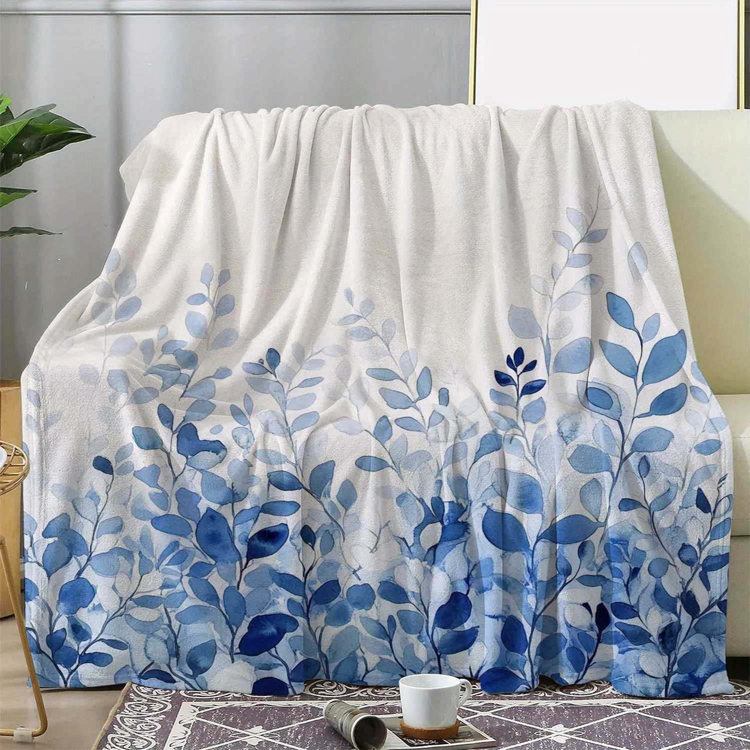 1pc Sdoo Vintage Floral Print Flannel Blanket - Soft All-Season Throw for Sofa Bed Car Office Camping Blue Leaf Design 25 C251111