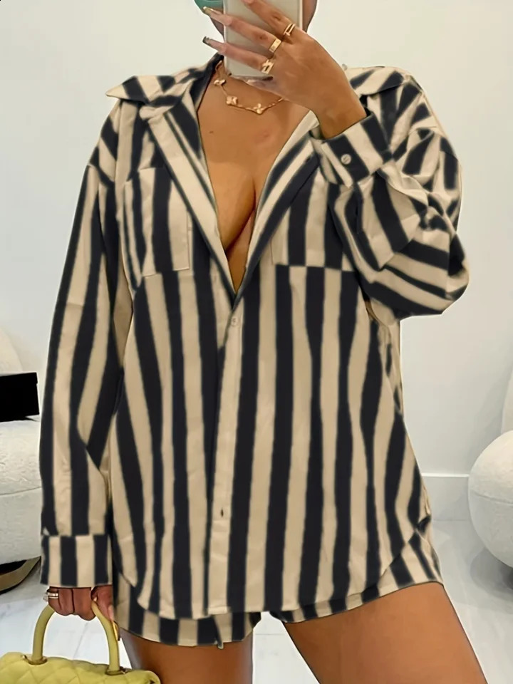 Plus Size Womens 2025 Spring and Summer Womens Striped Two Piece Shirt Long Sleeve Button Down Shorts Set 250410