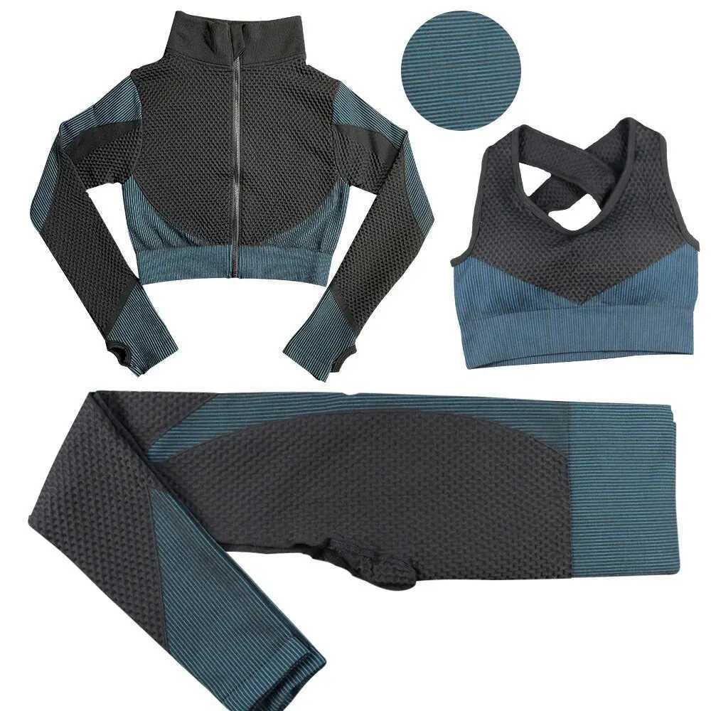 Seamless zipper striped fitness suit womens autumn and winter sports pants long sleeved bra three piece yoga setW250411