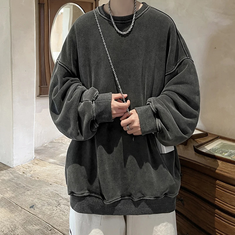 American Washed Old Pullovers Sweatshirts Men Loose Solid Color Autumn Large Size Warm O Neck Tops Hip Hop Y2k Sweatshirt 251110