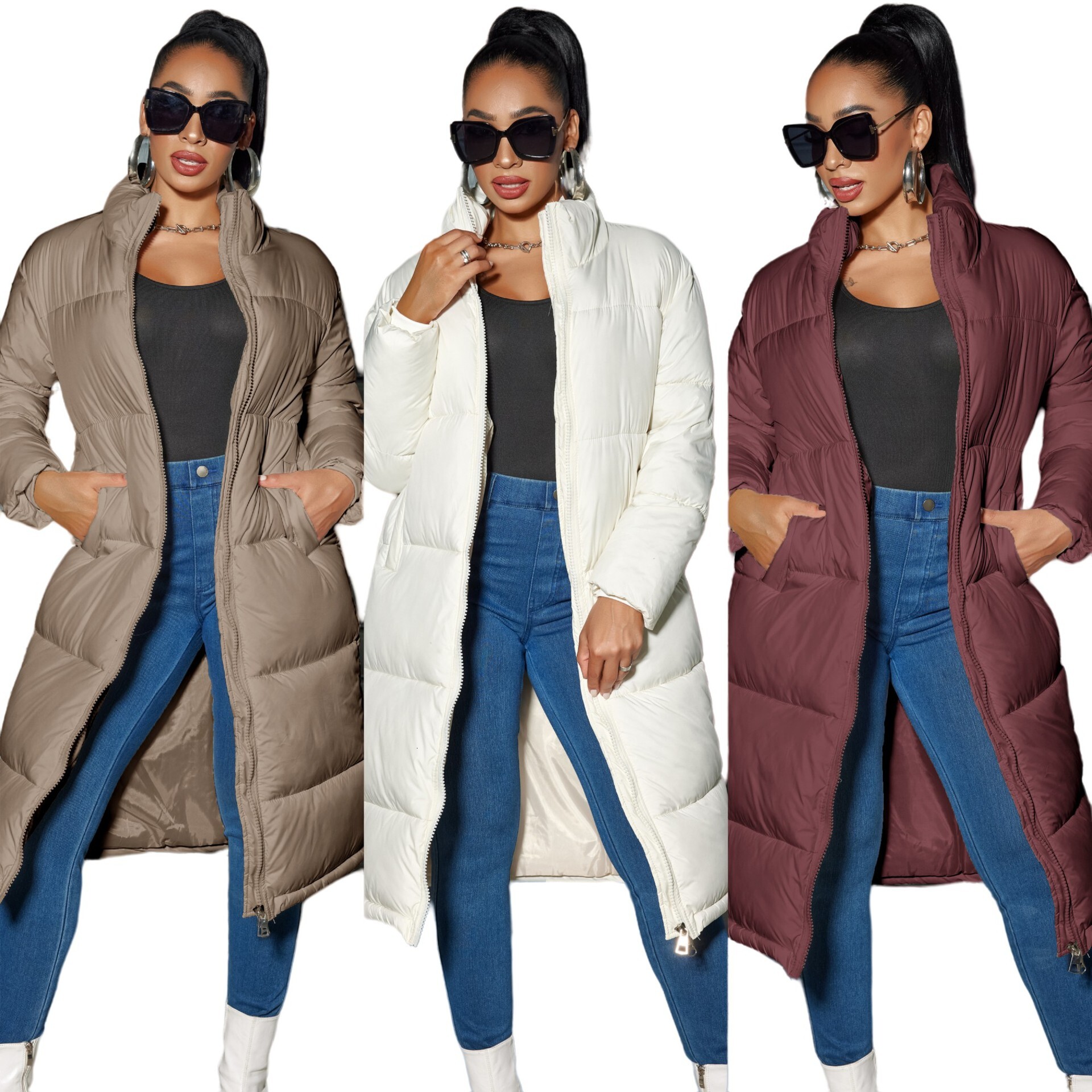 2025 Winter Long Robe Women's Fashion Zipper Solid Color Cotton Jacket Warm Coat