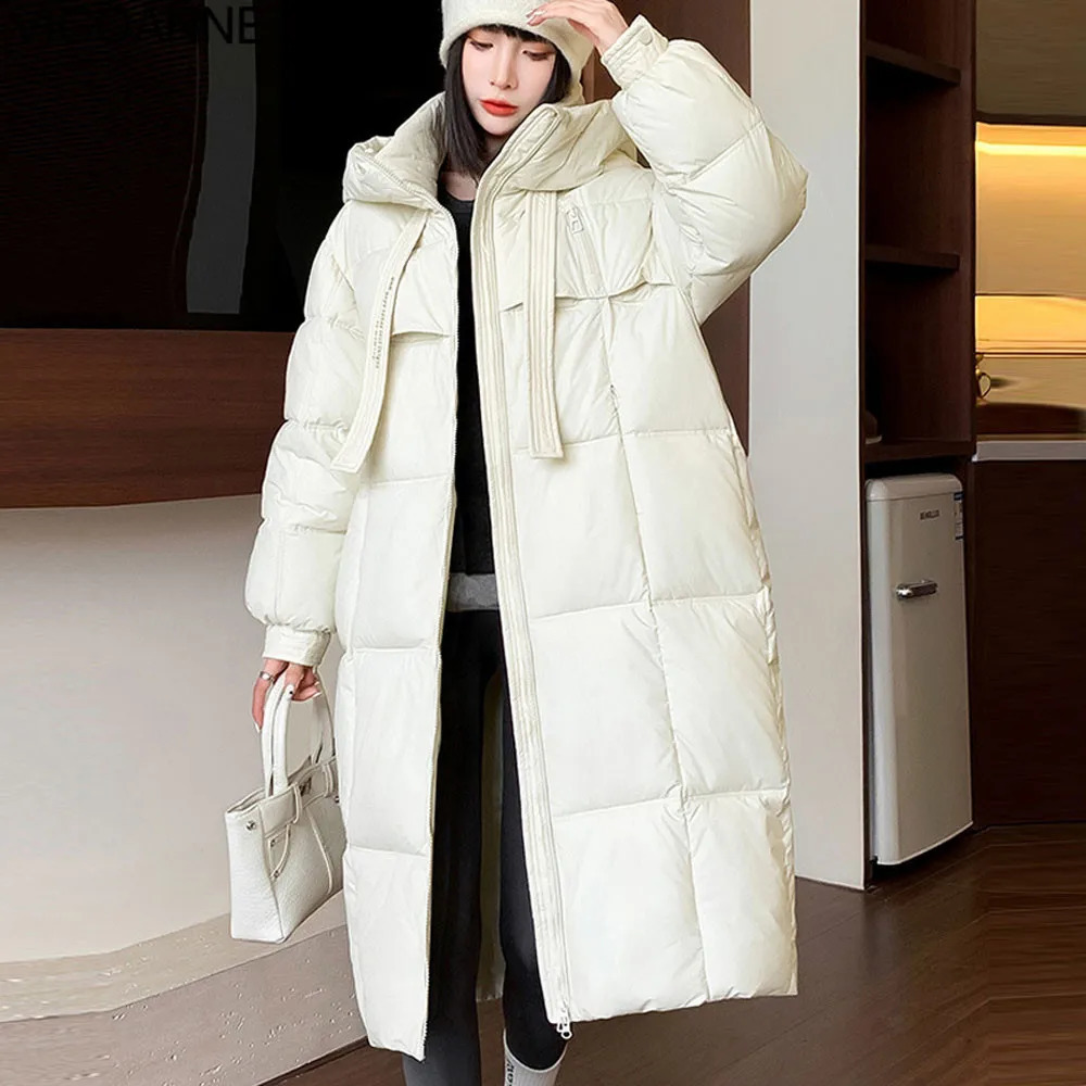 VigoAnne 2025 Loose Solid Hooded Down Long Coat Women Zipper Long Sleeve Pocket Winter Korean Jacket Lady Thick Warm Outwear 251107