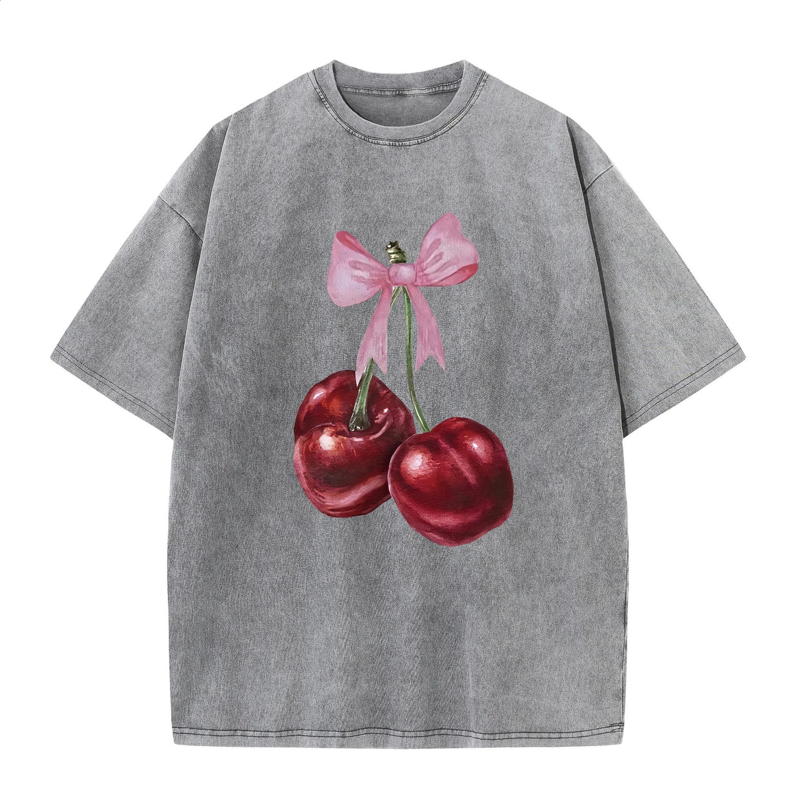 Womans Cotton Washed T-Shirts Fashion Distressed Loose Tee Shirts Carefully Packaged Cherries Prints Tops Casual Female Clothes 250410