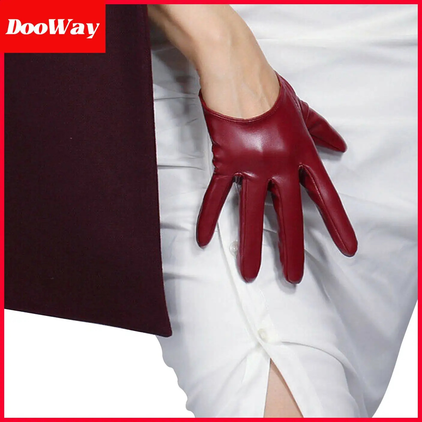 DooWay Womens Burgundy Latex Gloves Short Half Palm 5-inch Faux Lambskin PU Dark Red Party Cosplay Evening Dressing Glove 250408