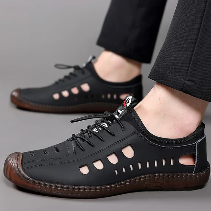 Mens Sandals Fashion Pu Leather Beach Slippers Summer Breathable Sandals Mens Outdoor Non slip Mens Casual Shoes 250408