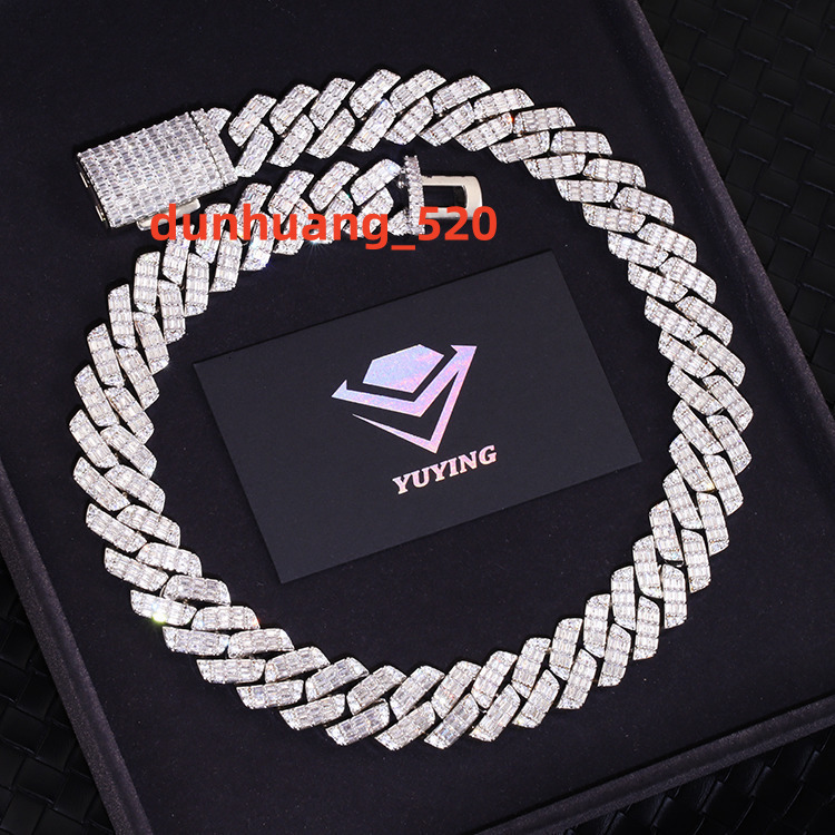 Rapper Fashion Design 20mm Wide Cuban Link Chain S925 Silver Baguette Vvs Moissanite with Gra Certificate Gold Plated Necklace