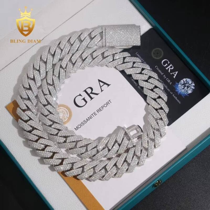 D Color VVS Moissanite Diamond Silver Cuban Link Sterling Silver 925 Iced Out Moissanite Cuban Link Chain Necklace