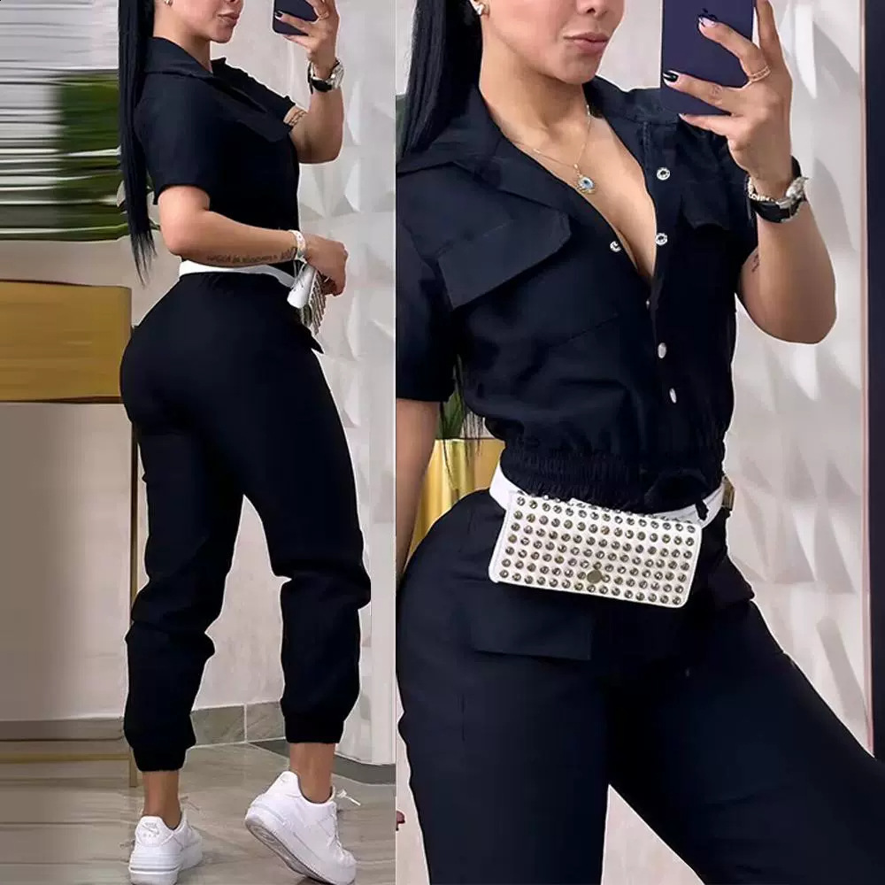 2024 fashion mature womens casual multi pocket waist elastic workwear jumpsuit