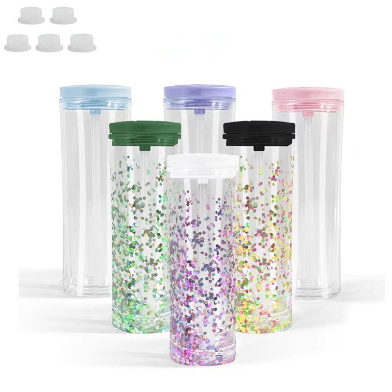 20oz Snow Globe Acrylic Tumbler Plastic Cups Double Wall Insulated Snowglobe Sippy Mug With Flip Lids & Pre Drilled Hole Silicone Stopper For DIY Glit