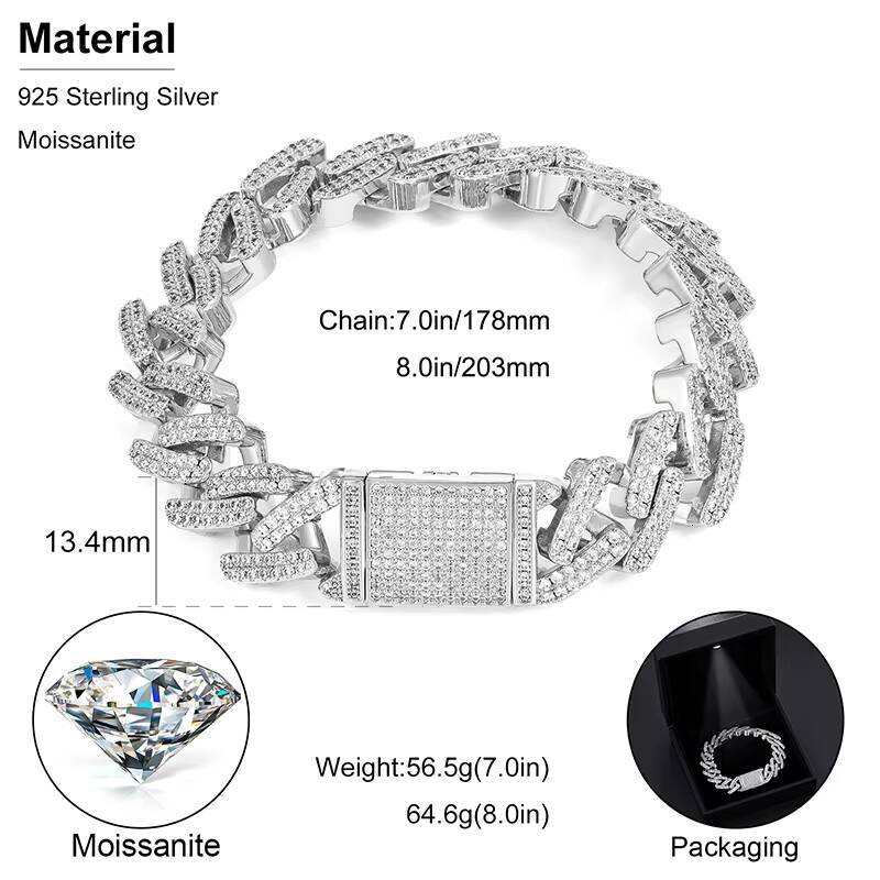 Unique Design Fine Jewelry 134mm Gold Plated 925 Sterling Silver VVS Moissanite Men Hip Hop Cuban Link Chain Bracelet GRA