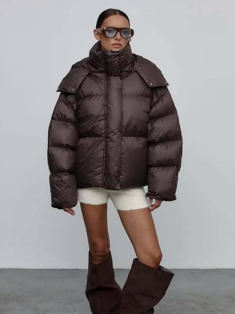 Casual Hooded Cotton Coat Women Brown Stand Collar Zipper Pocket Short Loose Jacket Winter Lady Warm Daily Commuter Outwear 251106