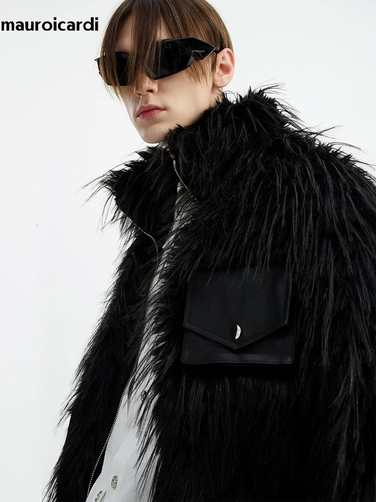 Mauroicardi Winter Cool Handsome Black Thick Warm Soft Patchwork Faux Fur Coat Men Clothing Fluffy Jacket 251105