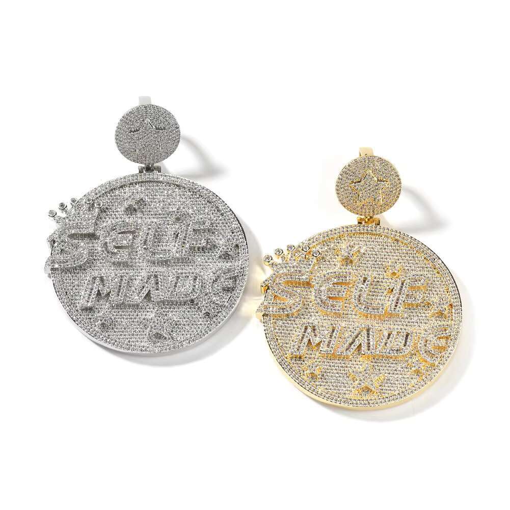 Luxury Bling Cz Micro Pave Personalized Letter SELF MADE Engraved Big Round Medal Pendant Hip Hop Necklaces for Men