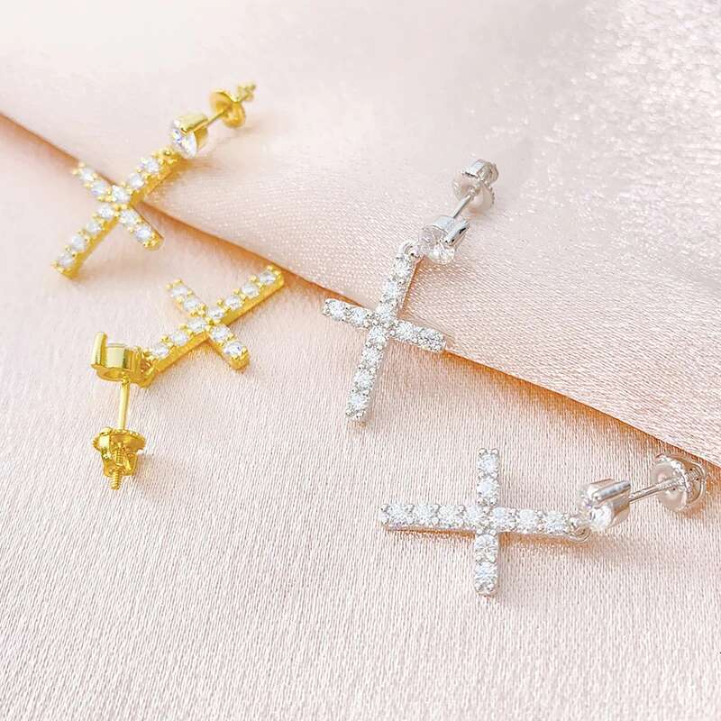 All Moissanite Hiphop Cross Hoop Screw Womens Stud Earrings Original S925 Sterling Silver New Fashion Earrings for Women Men