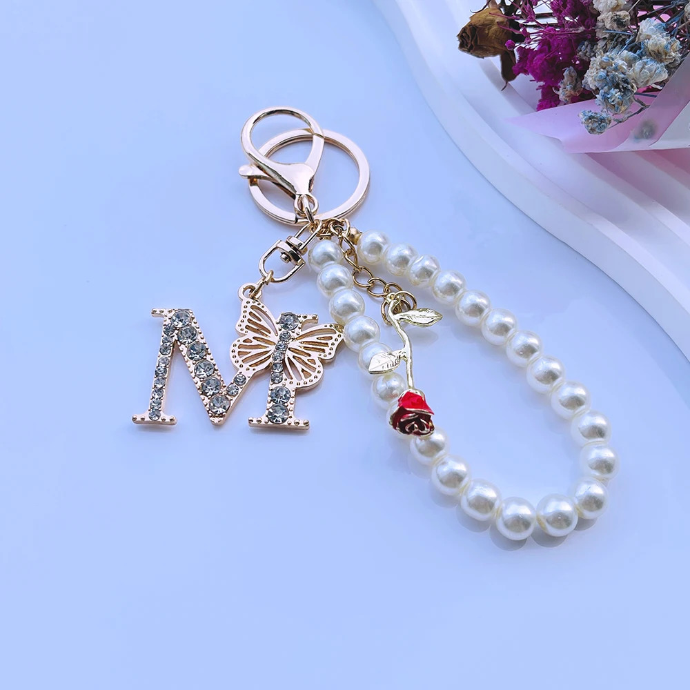 Exquisite Initial A-Z 26 Butterfly Capital Letters Red Rose Keyring Crystal Resin Pearl Beaded Keychain Bag Pendant Women Gift 251110